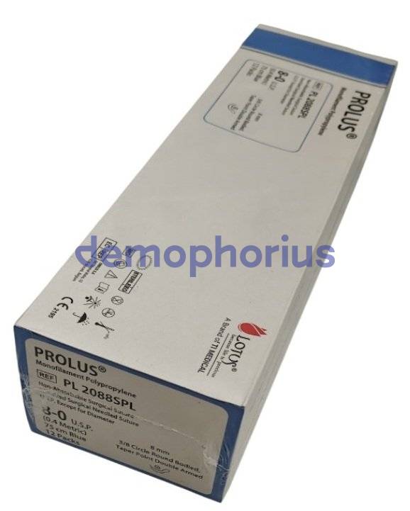 PM28008G0BK_PL2088BL - 12 fire POLIPROPILENA CARDIOVASCULAR, 75cm, USP 8/0, DUBLU ARMAT, 2 * ace 8mm NEGRE, CURB 3/8, ROTUND